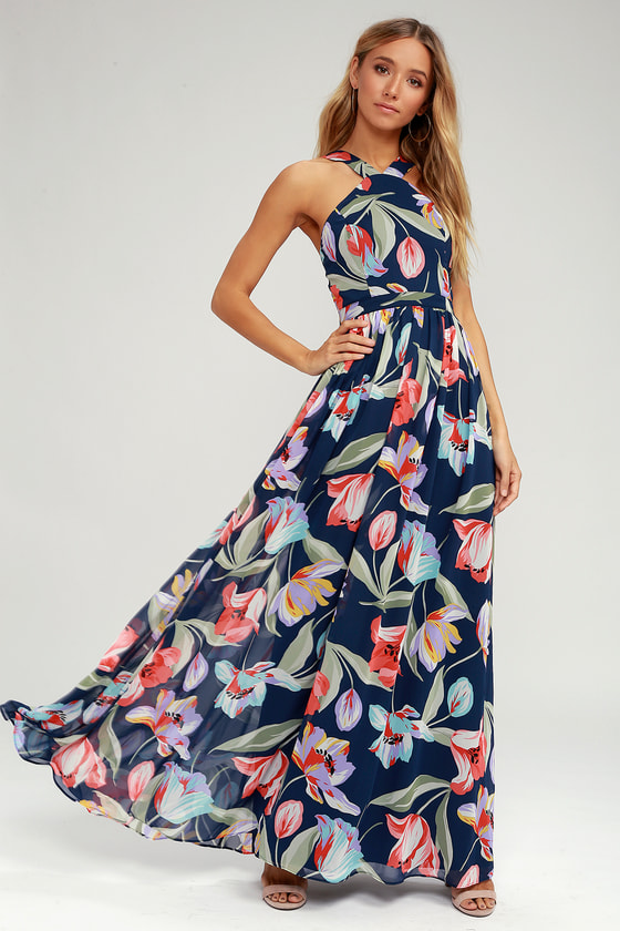 Lovely Navy Dress - Floral Multi Print Dress - Maxi Dress - Lulus