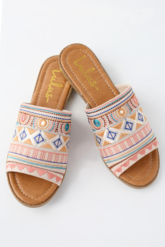 Boho Sandals Beige Vegan Suede Slides Embroidered Slides Slide
