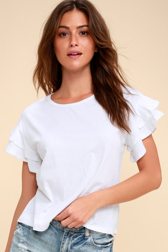 Others Follow Serenade - White Top - Ruffle Sleeve Top - Lulus