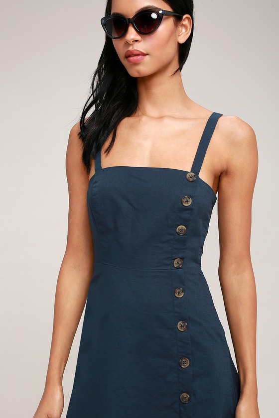 navy button front dress