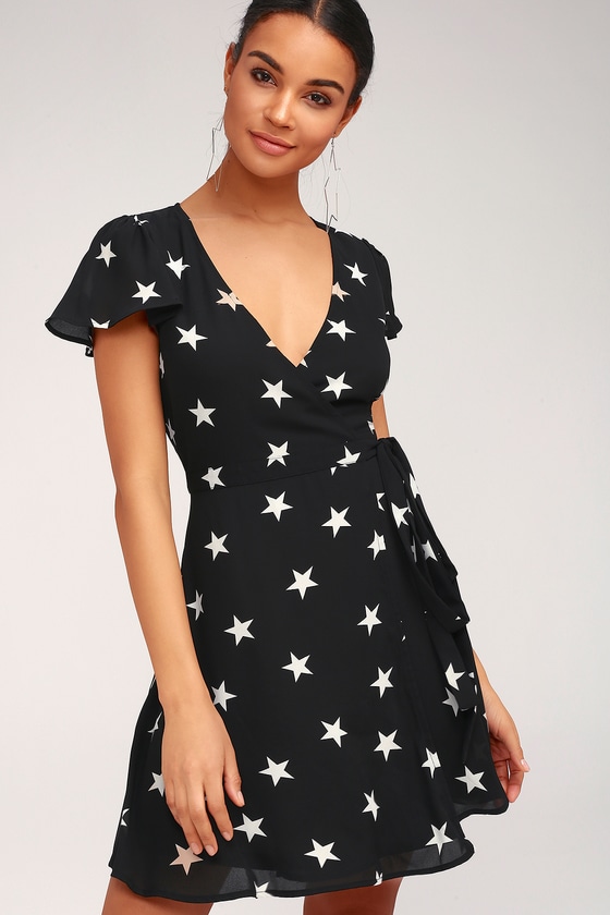 Cute Wrap Dress Black Star Print Dress Wrap Dress Lulus