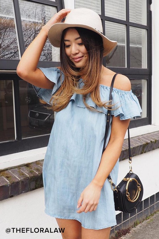 Standout Style Light Blue Chambray Off-the-Shoulder Dress