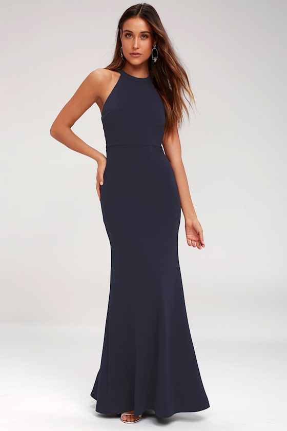 Joella Navy Blue Lace Halter Maxi Dress 1