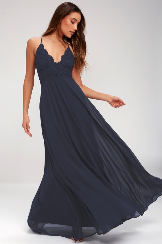 Pretty Navy Maxi Dress - Lace Maxi ...