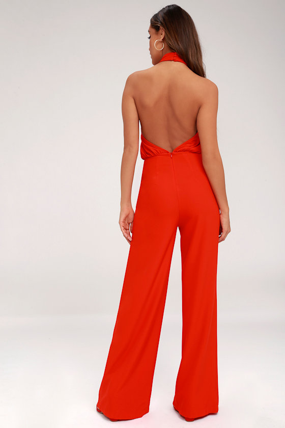 Chic Red Jumpsuit Red Halter Jumpsuit Wide Leg Jumpsuit