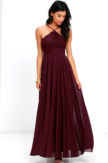 Stunning Burgundy Dress Maxi Dress Halter Dress Lace Dress