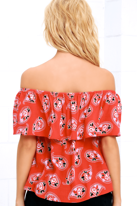 Pretty Coral Red Top - Print Top - Off-the-Shoulder Top - $46.00