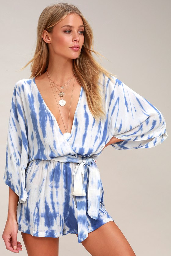Cool Tie-Dye Romper - Blue Tie-Dye Romper - Surplice Romper - Lulus