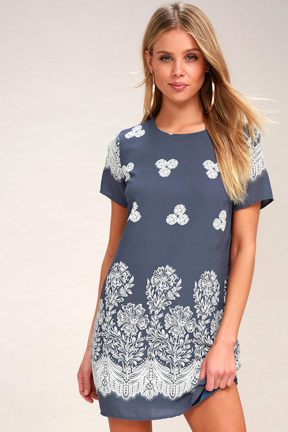 Riverside Slate Blue Floral Print Shift Dress 6