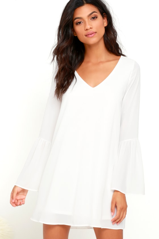 white bell sleeve shift dress