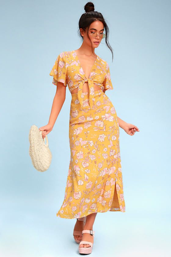 Bohemian Rhapsody Yellow Floral Print Tie-Front Maxi Dress 1