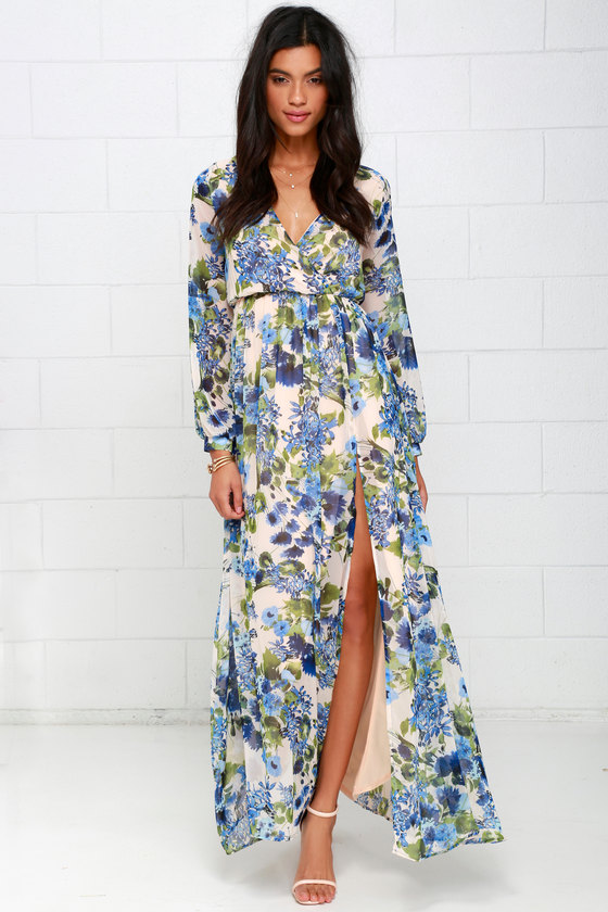 blue floral long sleeve maxi dress