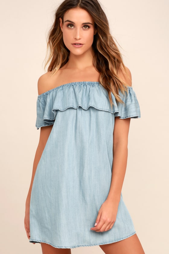 Standout Style Light Blue Chambray Off-the-Shoulder Dress