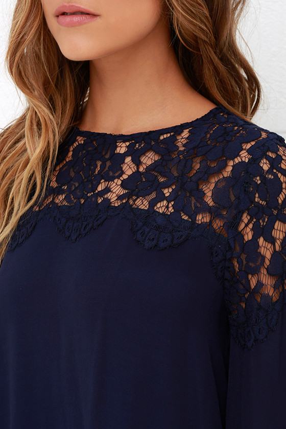 Lace Top - Navy Blue Shirt - Long Sleeve Top - Navy Blouse