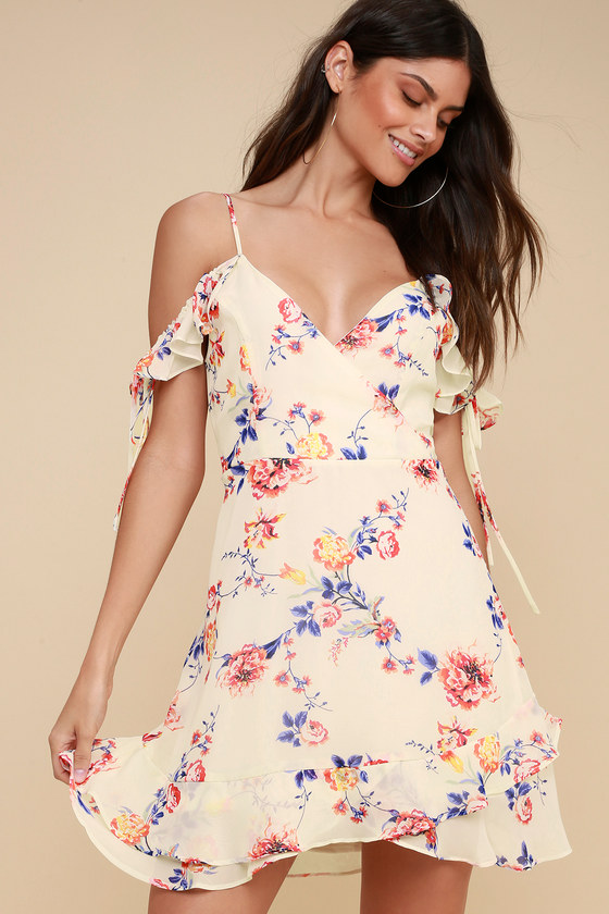 Pretty Cream Floral Print Dress - Off-the-Shoulder Dress - Lulus