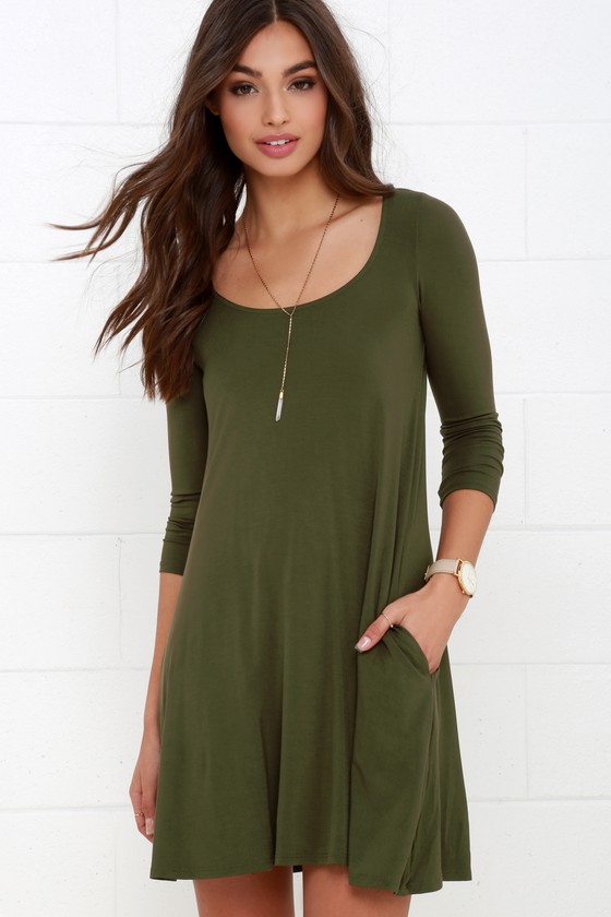 Cute Olive Green Dress - Swing Dress - Long Sleeve Dress