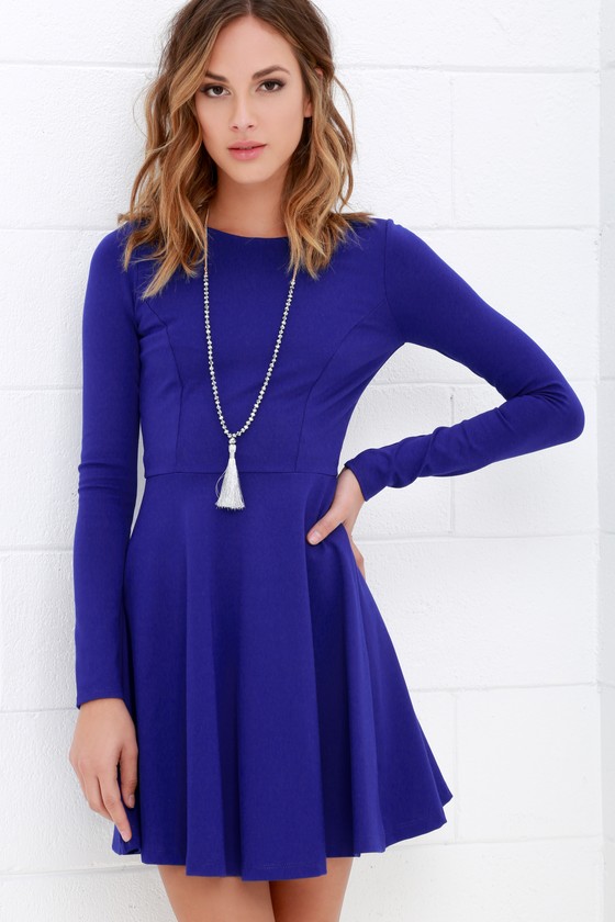 Forever Chic Royal Blue Long Sleeve Dress - Lulus Exclusive! Just like red lipstick, white tees, and blue jeans, the Lulus Forever Chic Royal Blue Long Sleeve Dress will always be in style! Medium-weight knit creates a sleek look across a rounded neckline and long fitted sleeves. Princess seams decorate the bodice, and are gracefully joined by the full skater skirt. Hidden back zipper.