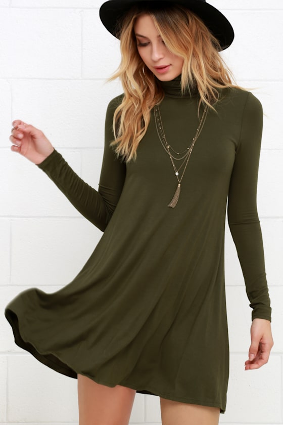 Chic Olive Green Dress - Swing Dress - Long Sleeve Dress - $38.00