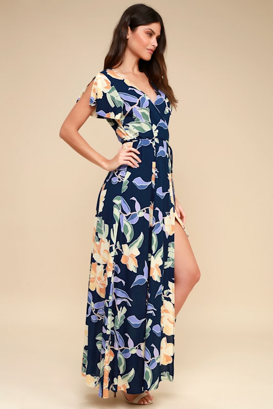 Heart of Marigold Navy Blue Tropical Print Wrap Maxi Dress 1
