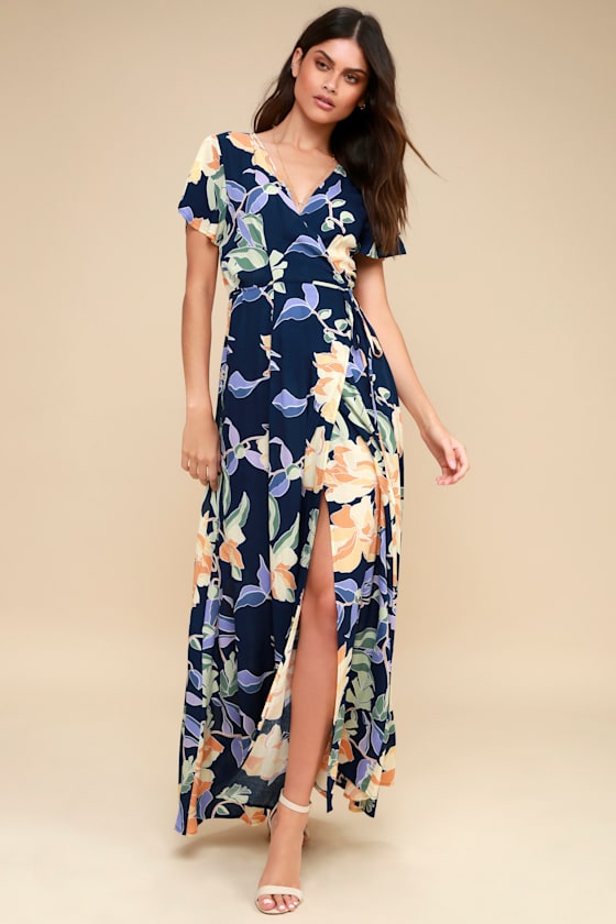 Heart of Marigold Navy Blue Tropical Print Wrap Maxi Dress 2