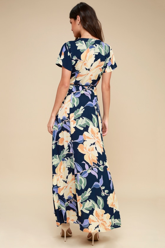 Tropical Print Dress - Wrap Dress - Navy Blue Maxi Dress