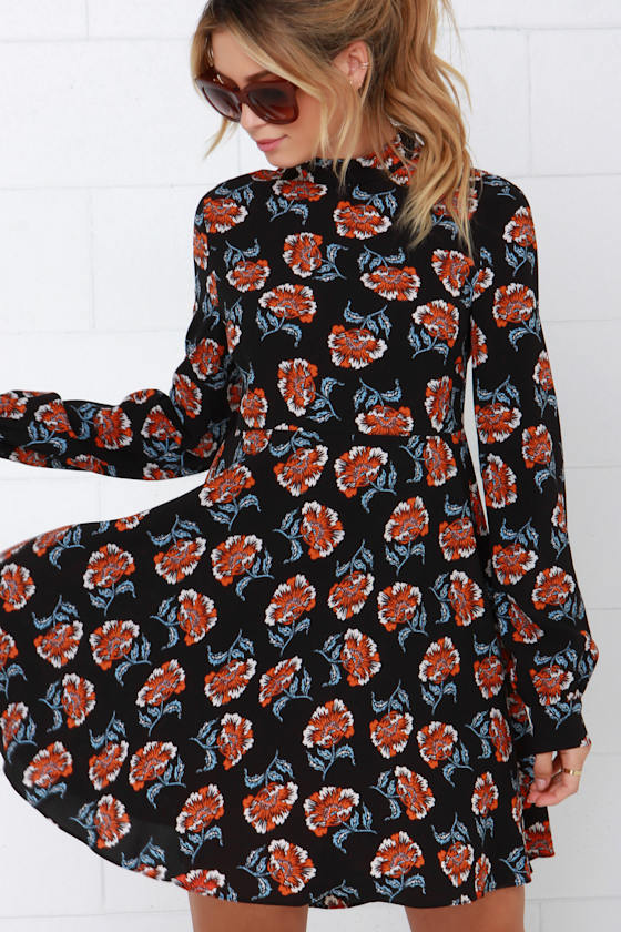 Floral Print Dress Black Print Dress Babydoll Dress Long Sleeve