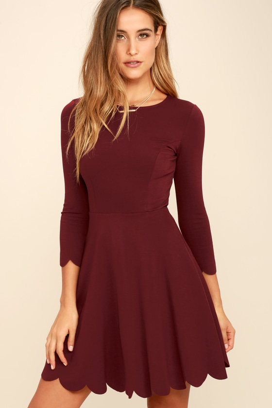 Burgundy Skater Dress - Long Sleeve Dress - Skater Dress