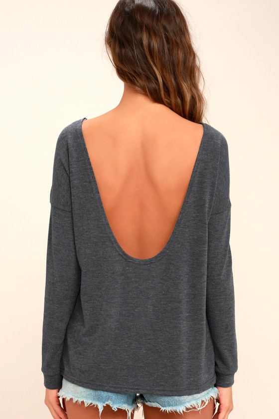 Cozy Dark Heather Blue Sweater - Backless Sweater - Long Sleeve Top ...