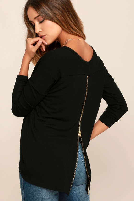 Cute Black Sweater - Knit Sweater - Long Sleeve Top - Zip Back - Lulus