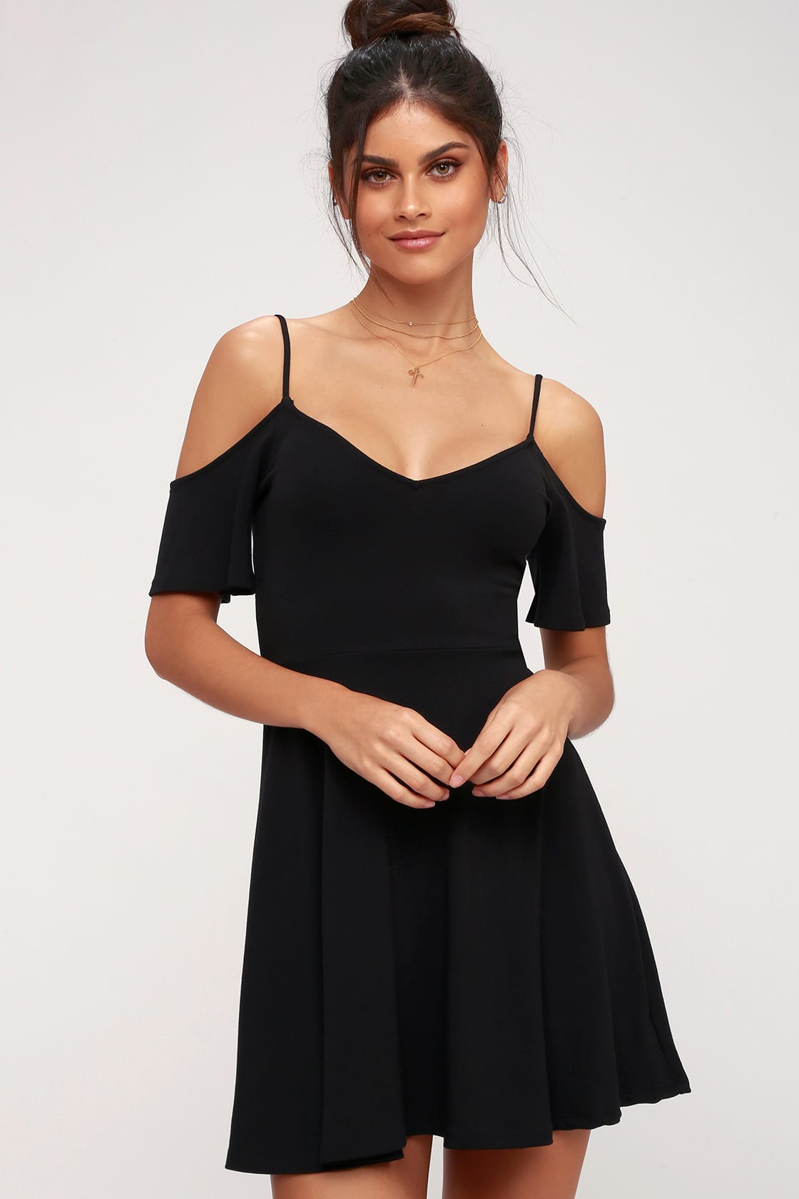 Les Reveurs Black Off-the-Shoulder Skater Dress