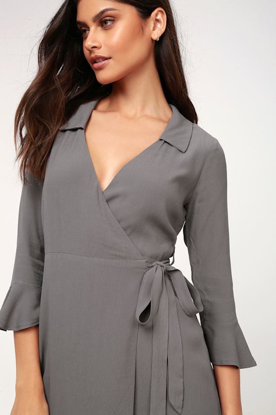 Cute Grey Dress Wrap Dress Flounce Sleeve Dress Lulus