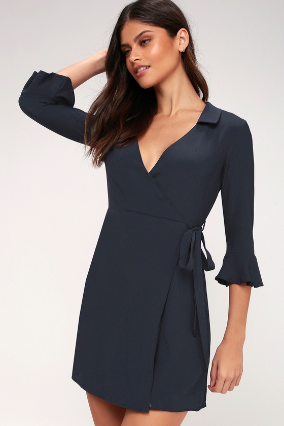 Cute Navy Blue Dress - Wrap Dress - Flounce Sleeve Dress - Lulus