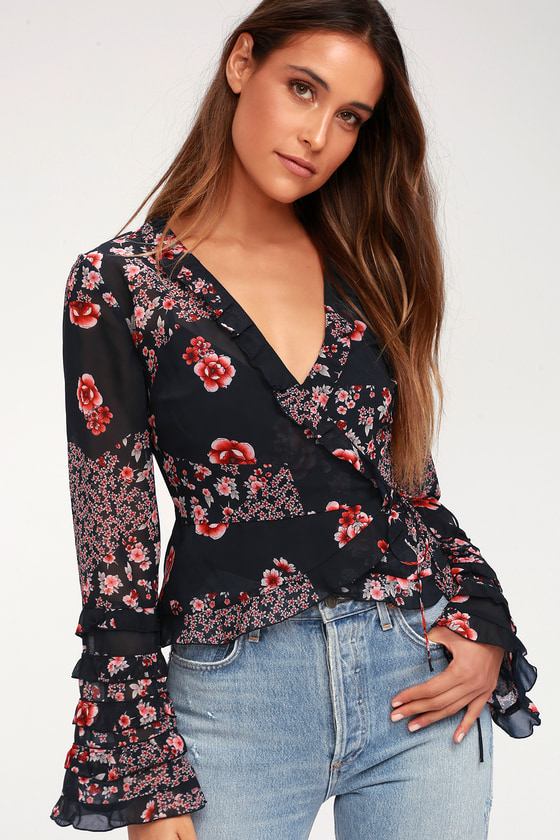 The Fifth Label East - Navy Blue Floral Print Top - Wrap Top - Lulus