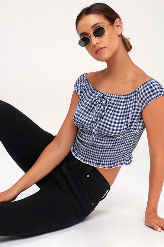 Plaid Influence Blue and White Gingham Off-the-Shoulder Crop Top 1