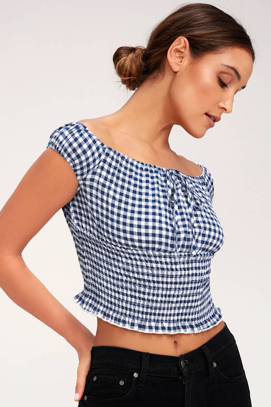 Plaid Influence Blue and White Gingham Off-the-Shoulder Crop Top 2