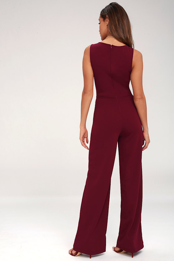 Wine Red Jumpsuit WideLeg Jumpsuit Plunge Jumpsuit