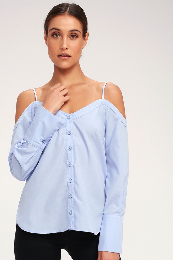 Work From Home Light Blue Button-Up Off-the-Shoulder Top