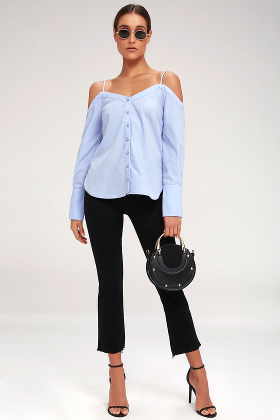 Work From Home Light Blue Button-Up Off-the-Shoulder Top