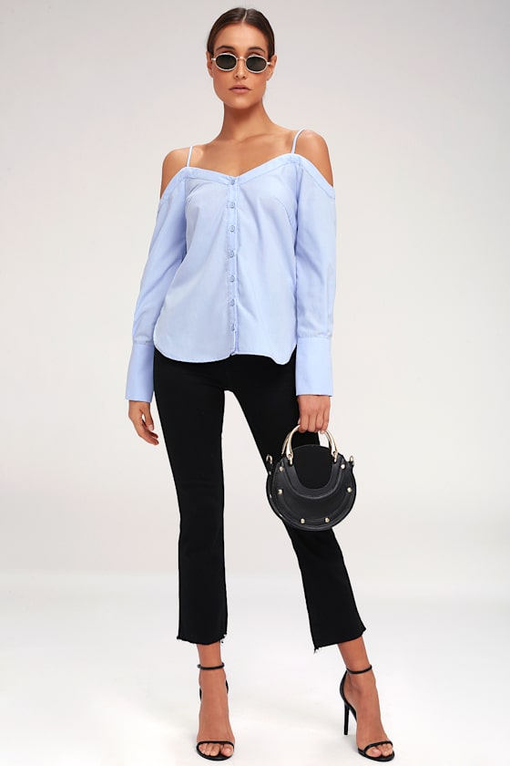 Work From Home Light Blue Button-Up Off-the-Shoulder Top 7