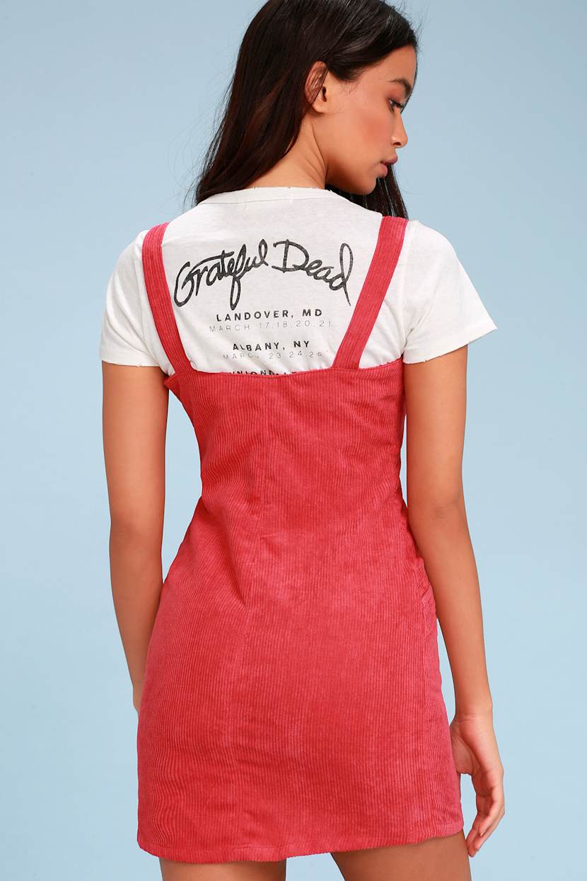 open lace back dress Snow Wash Corduroy Pinafore Dress- Raspberry