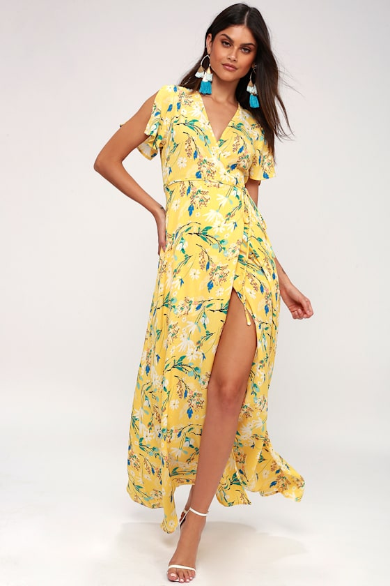 Lovely Yellow Wrap Dress - Floral Print Dress - Maxi Dress - Lulus