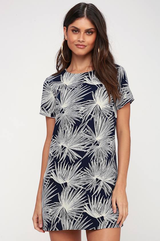 Navy Shell Print Sleeveless Shift Dress