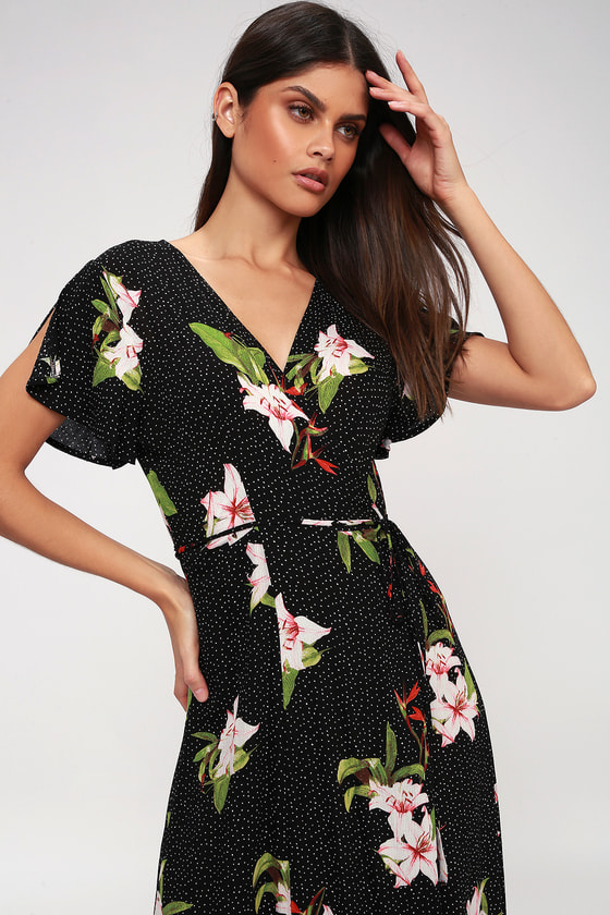 Lovely Black Tropical Print Dress - Wrap Dress - Maxi Dress - Lulus
