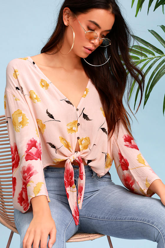 Desert Sunrise Peach Floral Print Button Down Tie-Front Top 2