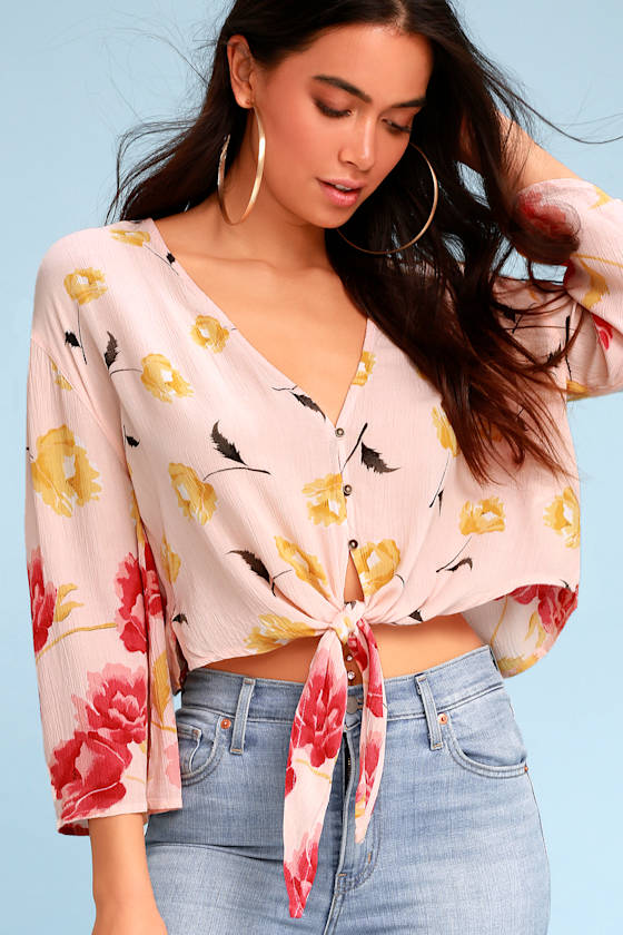 Desert Sunrise Peach Floral Print Button Down Tie-Front Top 3