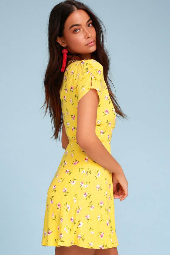 LUSH Yellow Dress - Wrap Dress - Floral ...