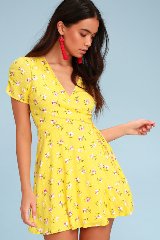 LUSH Yellow Dress - Wrap Dress - Floral Print Dress - Lulus