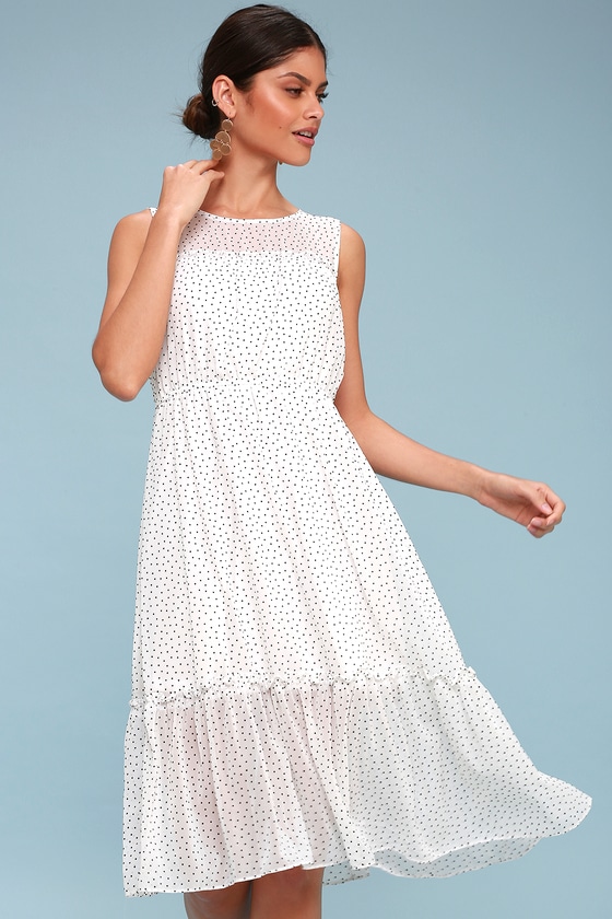 Cute White Polka Dot Dress - Midi Dress - Sleeveless Dress