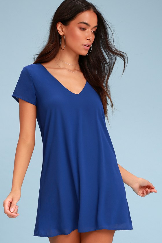 Chic Short Sleeve Royal Blue Dress - V-Neck Dress - - Lulus