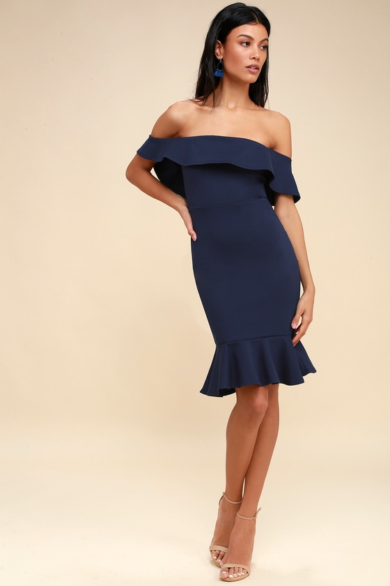 Confidence Boost Navy Blue Off the Shoulder Bodycon Dress